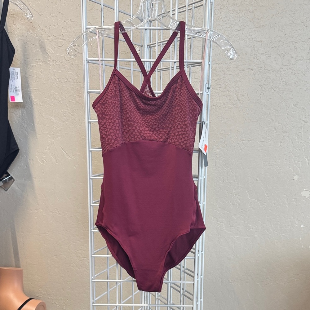 Sodanca - burgundy Camisole leotard w/lace back and lace detail on front